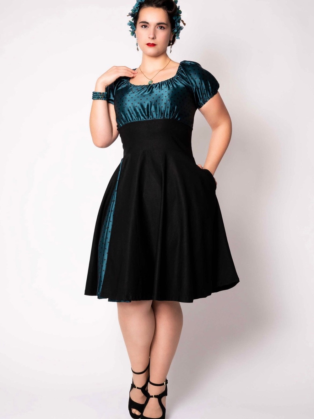 Teal and Black Midi Swing Dress - Vintage-Inspired Women’s Dress